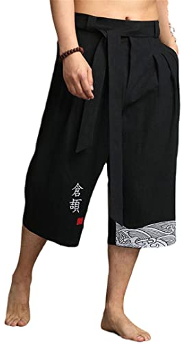 Pantalon de kimono japonais traditionnel pour hommes, vêtements asiatiques, pantalon de bain, décontracté, ample, style japonais, pantalon court en lin, Noir, 3XL, poids 85-95 kg