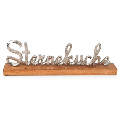 Sterneküche Schriftzug Deko ca. 40 x 5 x 13 cm, silberfarbener Metall-Schriftzug auf Mango-Holz Standfuß, Küchen Deko Aufsteller, Geschenk für Kochfans, dekoratives Wohnaccessoire