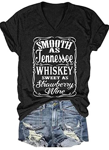 Smooth as Tennessee Whiskey Sweet as Strawberry Wine T Shirt Frauen V-Ausschnitt Country Music Tee Tops Trinkbluse, Schwarz, Mittel