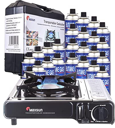 Maxsun | MaXimum Edelstahl Premium Gaskocher Set | tragbarer Campingkocher | Gaskartuschen Kocher (Kocher + 24 Kartuschen + Grillplatte)