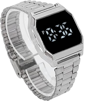 Digitale Sportuhr, Edelstahlarmband, stilvolle Optik, Touchscreen-Uhr, multifunktionale, klare LED-Digitaluhr mit Alarm-Chronographenfunktion und Nachtlichtfunktion für Männer und Frauen(Silber)