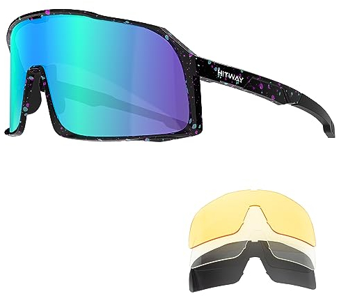 HITWAY Polarisierte Fahrradbrille mit 4 austauschbaren Gläsern, UV400-Schutz, Sportbrille für Herren und Damen, Fahrradbrille, Sport-Sonnenbrille, Radfahren, Fahren, Laufen, Baseball