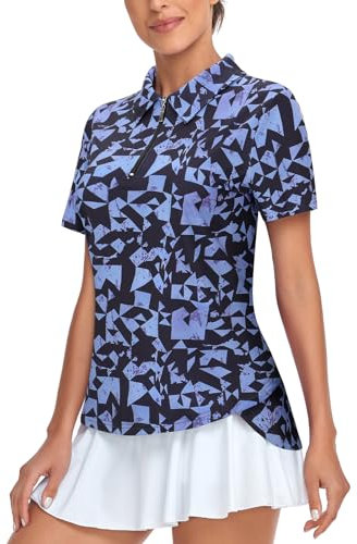 Tanst Sky Women's Golf Polo Shirts Short Sleeve Quarter Zip Pullover Moisture Wicking Workout Tops, A-geometry Black, L