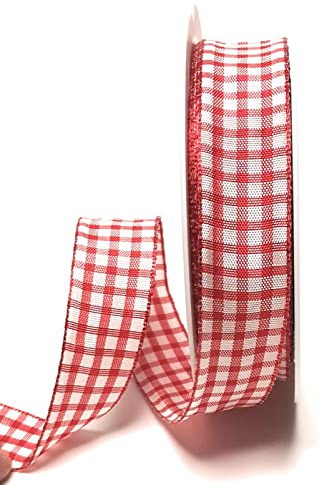 s.dekoda Schleifenband 20m x 25mm Rot - Weiß Karoband kariert Vichykaro Dekoband mit Draht [3850]