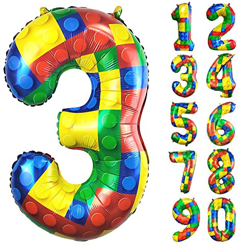 CHANGZHONG® Baustein Geburtstag Ballon Zahl 3 in Farbe Riesen Folienballon Mylar luftballon für Mädchen Jungen Geburtstag Party Dekoration Supplies