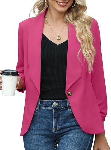 PrinStory Blazer pour femme 3/4 manches froncées blazer affaires bureau blazer costume sportif jack trench, Rose chaud, 48-50