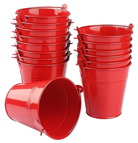 15 Stück 10,2 cm rote Eisen-Eimer, Metalleimer mit Griff, Ostereimer, Stifthalter und Blumentöpfe, zum Tragen, Aufbewahren oder sogar Pflanzen GENHAKON.