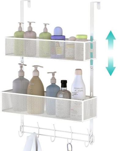 LUCYCAZ Over Door Storage, Adjustable Over The Door Hooks Organiser with 10 Coat Hooks & 2 Mesh Basket, Door Hanger Towel Rack Back of Door Organiser for Barthroom Kitchen (White)