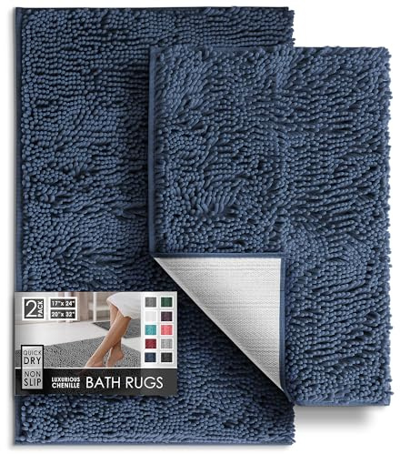 Hearth & Harbor Bathroom Rugs, Chenille Bath Mat - Machine Washable Bath Mats for Bathroom Non-Slip Backing Rubber, Quick Dry Bathroom Mat