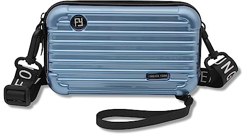 FuninCrea Damen Handy Umhängetasche, PVC Damen Handytasche zum Umhängen, Mini-Koffer-geformt wasserabweisend Umhängetasche mit Schulter und Handgelenkriemen, tragbare Klein Handytasche (Blau)