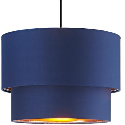 Modern and Trendy Navy Midnight Blue Cotton Fabric Double Tier Design Ceiling Pendant Lamp Shade with Shiny Copper Inner | 18cm x 25cm by Happy Homewares