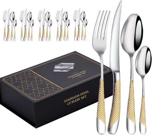 Ménagère 24 Pièces Pour 6 Personnes, Ensemble De Couverts De Table Polis Par Miroir D'acier Inoxydable 18/10, Pour La Maison, Hôtel, Restaurant, Nouvelle Maison (Or,24pcs)