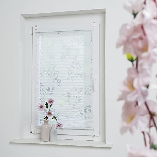 Klemmfix-Plissee mit ausgebranntem Äste-Motiv, halbtransparent, ohne Bohren oder Schrauben, inkl. Klemmträger, Breite: 110 cm/Länge: 130 cm, Farbe: weiß