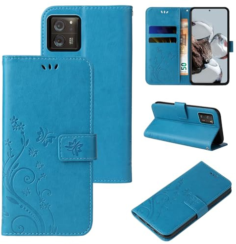 LBH Handy Hülle für Xiaomi 13T / 13T Pro Case Handytasche Schmetterling Blumen Flower Standfunktion Schutzhülle Magnet Rundum Schutz 360 Grad Flipcase Cover Blau