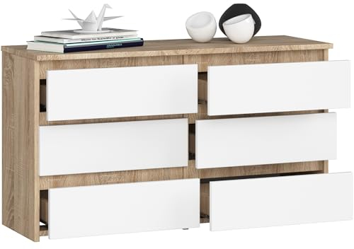 BDW - Kommode mit 6 Schubladen - 100 cm breit, 57 cm hoch - Schrank, Sideboard, Mehrzweck-, Schuhschrank, Schubladenkommode, Aktenschrank - Wohn-, Schlafzimmer, Flur - Eiche Sonoma/Weiss