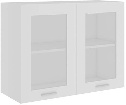 Homgoday Armario colgante de cristal blanco, 80 x 31 x 60 cm, madera de ingeniería, armario de cocina montado en la pared, armario de almacenamiento, mueble de cocina, sala de estar y muebles de