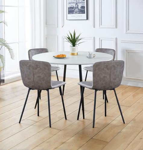 Hallowood Furniture Cullompton 120cm Round Dining Table and Chairs Set 4 | Modern 4 Seater Dining Room Sets with White Marble Effect Round Kitchen Table and Chairs in Taupe Faux Leather Upholstery