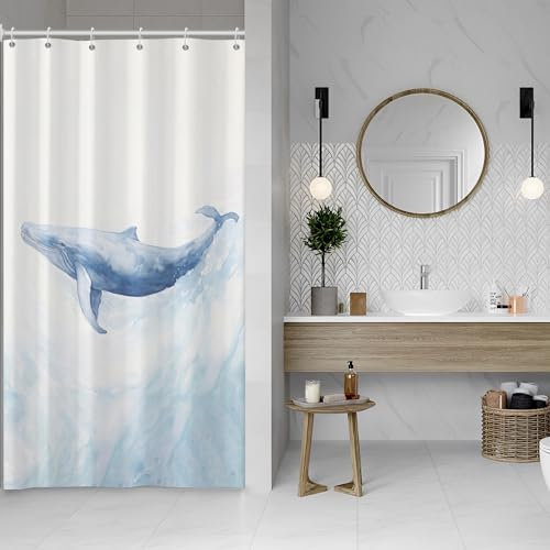 ASDCXZ Rideau de douche motif baleine 120 x 180 cm, art moderne, aquarelle, bleu, baleine, océan, animal, blanc, lavable, étroit, polyester, textile, imperméable, pour baignoire, avec 8 crochets