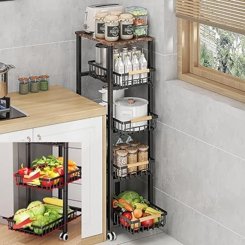CarolynDesign Canastas de alambre de metal con ruedas, almacenamiento de cocina, apilables, para carrito de frutas y verduras, con alfombrilla de madera extraíble, para baño, garaje y despensa