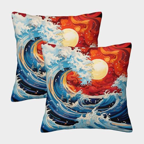 MEFESE Wellen im japanischen Stil Dekorative Kissenbezüge, Quadratische Form Im 2er Set, Perfekt Für Living Room Accent Und Outdoor Leisure, Maschinenwaschbar 40x40cm