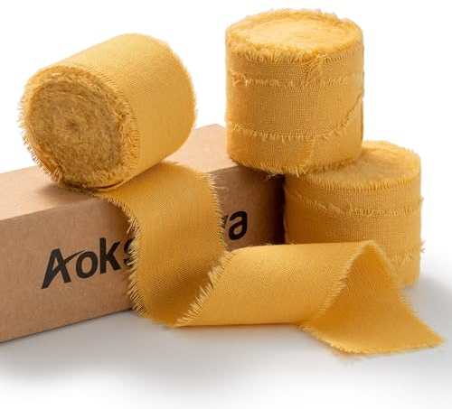 AOKSUNOVA 3,8cm Schleifenband Breit Baumwollband Geschenkband Baumwolle Stoff Stoffband Gelb Fransenband