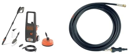 BLACK+DECKER Nettoyeur Haute Pression BXPW1500PE avec Patio Cleaner et Brosse Fixe (1500 W, 120 bar, 390 l/h) & Déboucheur de Canalisations pour Nettoyeur Haute Pression (10 m)