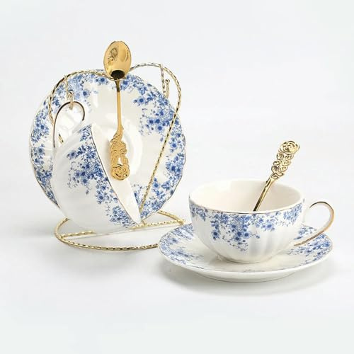 XUEQINER Nachmittagstee-Set, Blumen-Teekanne, Kerze, beheizte Glas-Teekanne, Teetasse, blau-weiße Kaffeetasse und Untertasse aus Porzellan