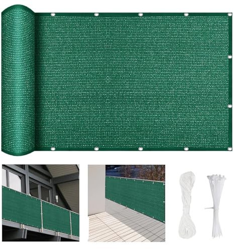 Ecran de Balcon Brise-Vue Brise 250 x 60 cm Protection Contre Vent, Soleil, Brise Vue Balcon Occultant, avec Œillets, Attaches de Câble, pour Terrasse Jardin, Vert Foncé