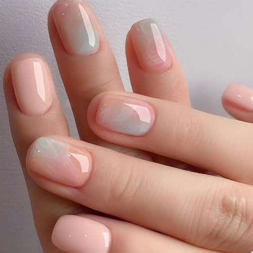 JUSTOTRY 24 Pcs Green and Nude Short False Nails Pattern,Solid Square Press on Nails,Glossy Fake Nails Medium for Nails Art,French Squoval Stick on Nails for Women Gifts