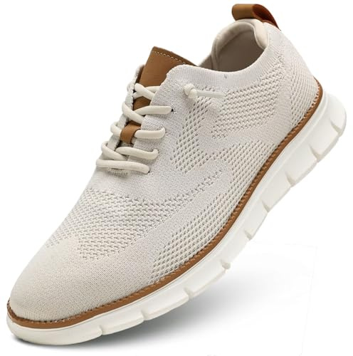 Men's Mesh Casual Sneakers Lightweight Breathable Dress Shoes Comfortable Walking Soft Sole Oxford Shoes Trainers for Men Beige
