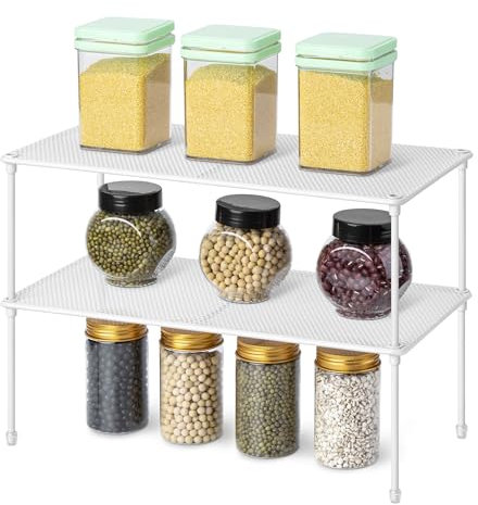 QIWODE Küchenschrank Organizer, Tellerregal für Schrank, Erweiterbare Stapelbare Küchenregale, Schrank Extra Regale Organizer für Teller, Schüsseln, Flaschen, Gläser, Weiß (2 Stück)