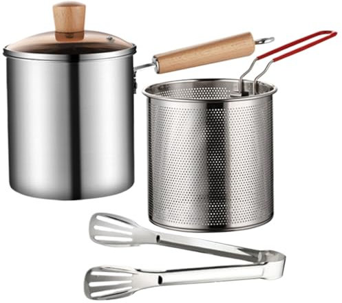 Pot de friture, pot de friteuse en acier inoxydable 3L avec panier de passoire et poignée, friteuse à cuisson avec couvercle et pinces visible