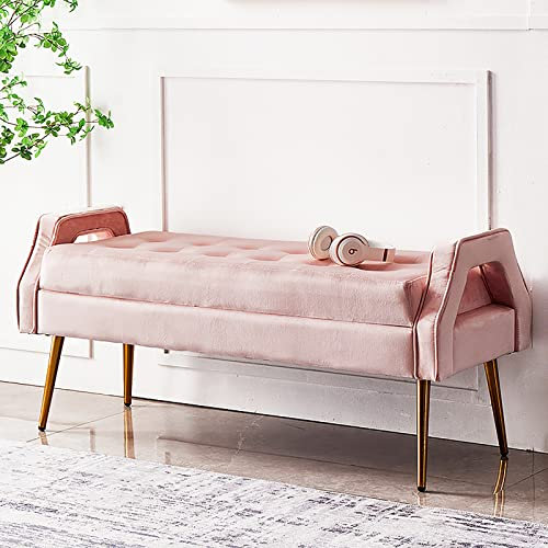 Luxuriöse Samt-gepolsterte Bettbank mit Holzbeinen, 100 x 46 x 55 cm, Rosa