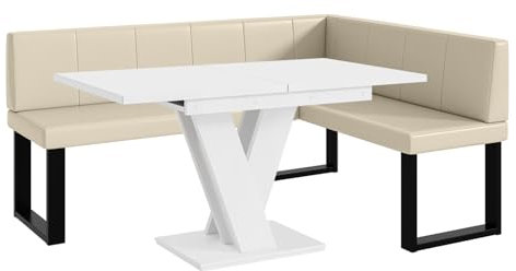 MEBLINI Eckbank für Esszimmer mit ausziehbarem Tisch - Küchenbank - Essecke - Sitzecke Küche - Peter - U-Beine 128x168x87cm Rechts - Creme Kunstleder/M Weiß Matt