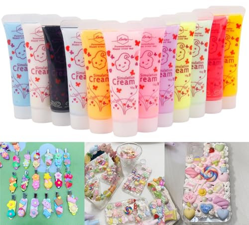 12 Colors (15ml Each) Cream Glue for DIY Crafts, 12 Pcs Decoden Cream DIY Phone Case Kit with 12 Plastic Decorating Mouth for Crafts (12 Color)