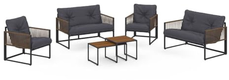 IDMarket - Salon de Jardin Bas Rio 6 Places Structure métal Gris Anthracite | Cordage effet rotin, avec coussins gris