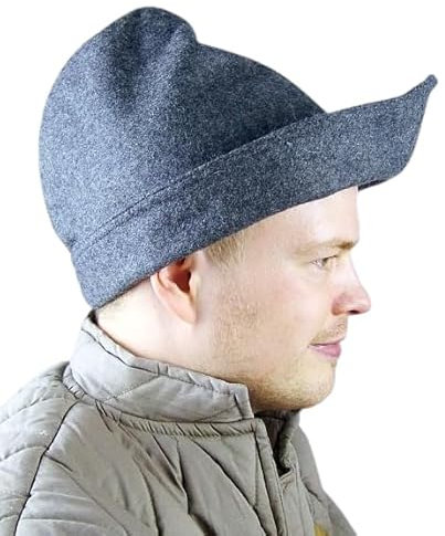 Leonardo Carbone® Herren Kopfbedeckung Robin Hood-Hut | Asymmetrischer Rand | Mittelalterlicher Stil | Karneval, Halloween, Cosplay, LARP, Hut, Mütze, Accessoire | Wolle Grau Einheitsgröße