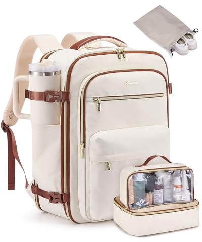 LOVEVOOK Handgepäck Rucksack Flugzeug, 40L Groß Reiserucksack Damen Herren Travel Backpack für 17,3 Zoll Laptop, TSA Freundlich Handgepäck Tasche Carry On Luggage für Reise Arbeit Weekender, Beige