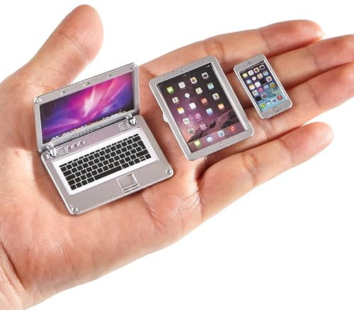 3 Pcs Dollhouse Furniture Accessories Miniature, 1:12 Scale Simulation Metal Laptop Tablet Smart Phone Stuff Doll House Mini Play Set Accessories (Silver)