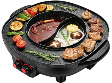2100W Hot Pot Elektrischer | 2 in 1 Hotpot Topf und Raclette Grill, Tischgrill und Suppentopf Können Abnehmbar, Geteilter Shabu-Grilltopf für 5-6 Personen
