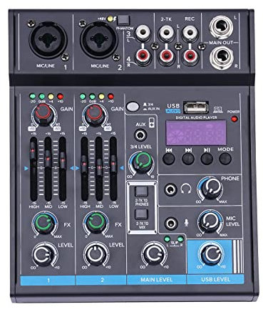 4-Kanal Audiomischer Audiomixer Soundboard Konsole Systemschnittstelle 4 Kanal Digital USB Bluetooth MP3 Computereingang 48V Phantomspeisung Stereo DJ Studio Streaming, Schwarz