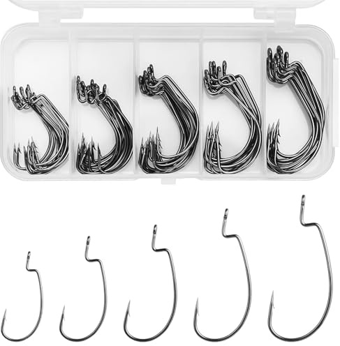 MOLIMOLI Offset Haken 50 Stück Angelhaken Set – Wurmhaken, Jigköpfe, Dropshot Haken Blei, 5 Größen Kohlenstoffstahl, Kunststoffbox – Für Dropshot Montage Fertig, Wels & Weiche Köder