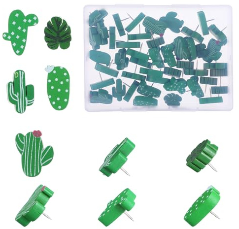 DOPENSPI Lot de 50 punaises en bois - Motif cactus vert - Tableau en liège décoratif - Pour photos, murs, cartes du monde, tableaux d'affichage, écoles, maison et bureau