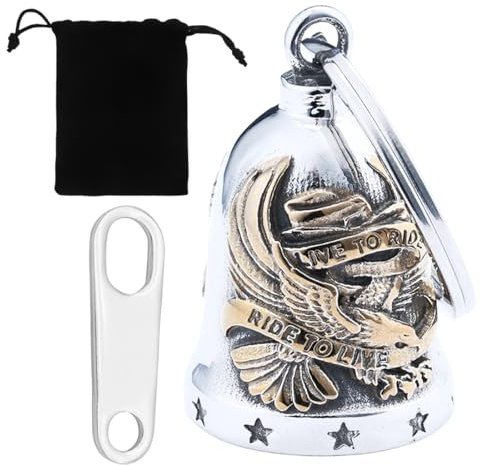 JYNVO Clochette Guardian Bell Moto Acier Inoxydable – Design Aigle & LIVE TO RIDE, Porte - Bonheur Biker Gremlin Bell pour Moto/Vélo, Porte - Clés Cyclisme
