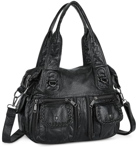 VINBAGGE Damen Handtasche Große Schultertasche PU Leder Henkeltasche Frauen Weiches Hobo Tasche Umhängetasche für Reisen Schule Shopping Mädchen, XL-Schwarz