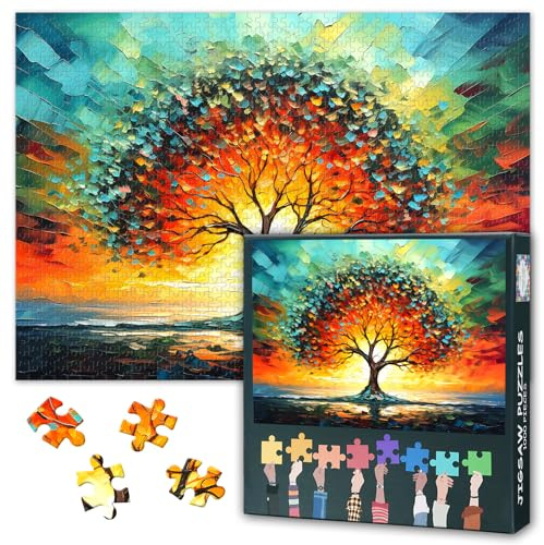 1000 Teile Puzzle: Baum des Lebens Glasfenster (50x70cm) - Detailreiches Buntglas-Design, Meditatives Puzzle für Achtsamkeit & Familienspieleabende
