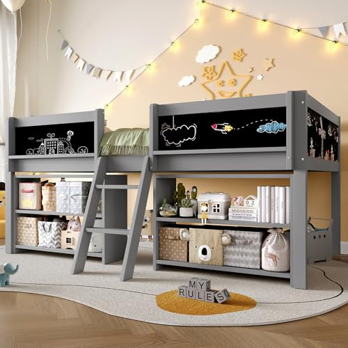 HESHU Kinderbett 90x200 cm, Halbhohes Hochbett mit Lagerregal und Tafel, für Jungen und Mädchen, mit Rausfallschutz und Lattenrost, ohne Matratze, Grau