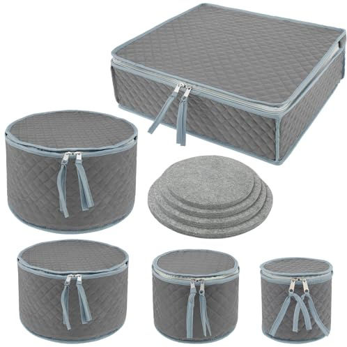 Alongen 5Pcs Dinner Plate Storage Box with Lid,Oxford Cloth Quilted Dish Container with 48 Felt Inners Portable China Storage Container for Plates Cups Glassware Transport Moving