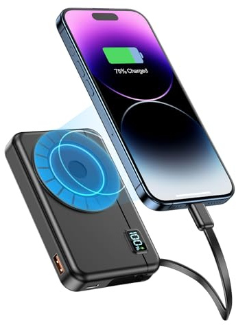 Moscsaz Powerbank für Magsafe10000mAh 22.5W Magnetische - Kabelloses Externe Handyakkus mit Typ-C-Eingang und -Ausgang USB-C, LED-Anzeige Kompatibel für iPhone 16 15 14 13 12 Pro Max Serie, Galaxy