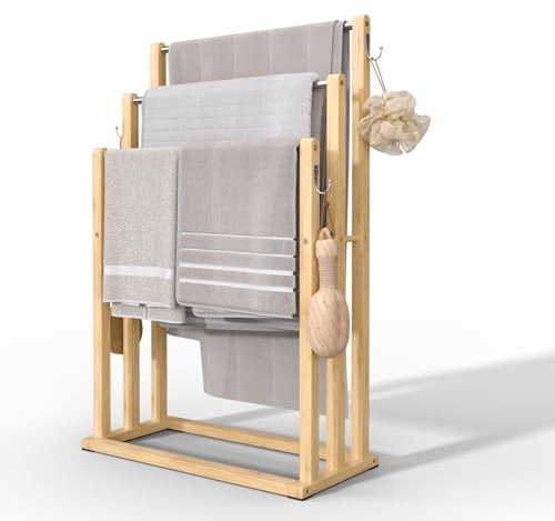 VOUNOT® Porta Asciugamani Bagno da Terra, Portasciugamani Autoportante in Bambù Stabile 3 Bracci con Ganci, Organizzatore Ideale per Bagno, Doccia, Vasca o Lavabo, 45x21x82 cm
